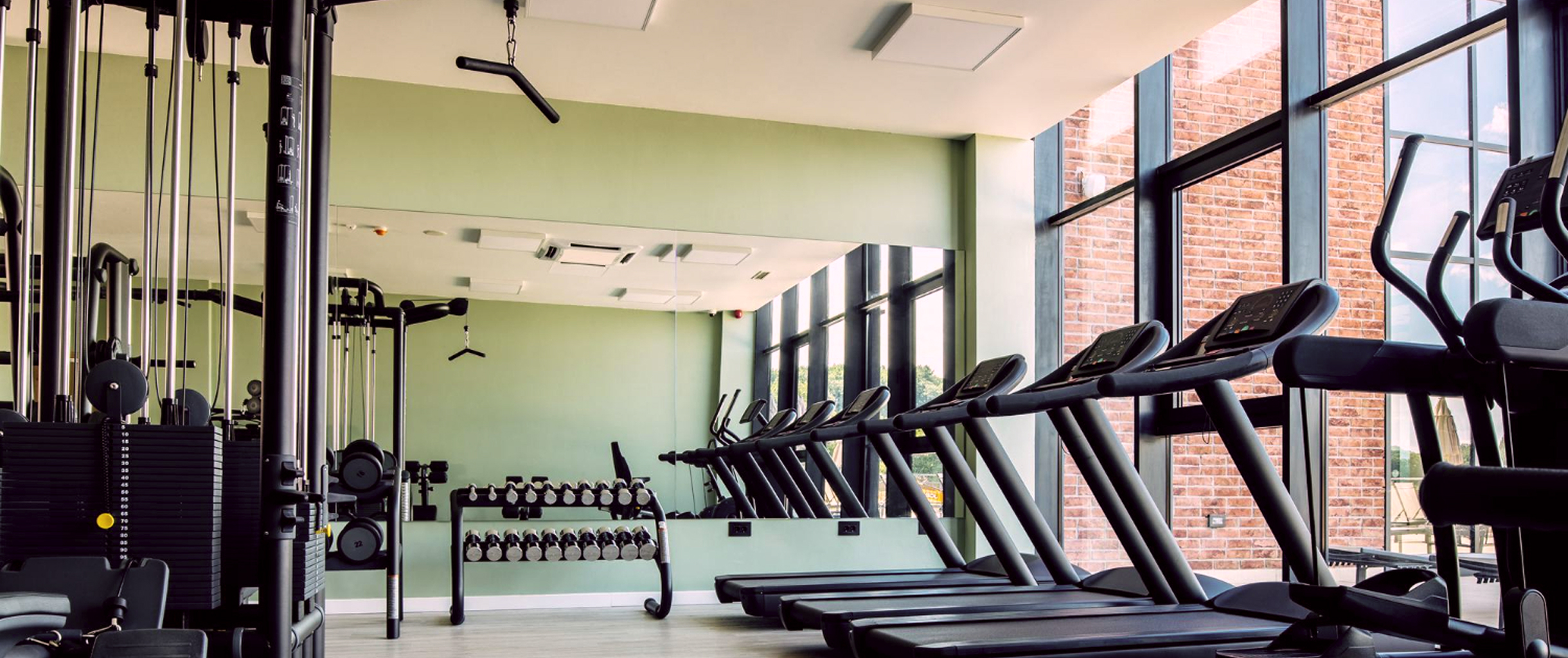 на фото изображен новый тренажерный зал, с разными тренажерами на фоне в виде беговых дорожек, гантели и силовые тренажеры.